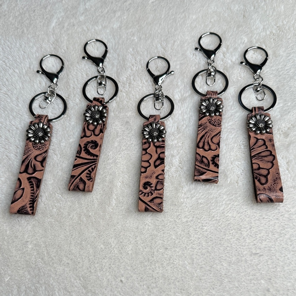 5 Item Bundle Leather Keychains Embossed Floral Design Silver Sunflower Accent